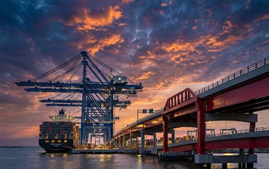 Grúas portuarias y puente de acero expuestos al sol al atardecer