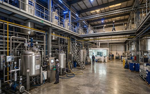 Nave industrial con piso de concreto sellado, reactores y pasarelas