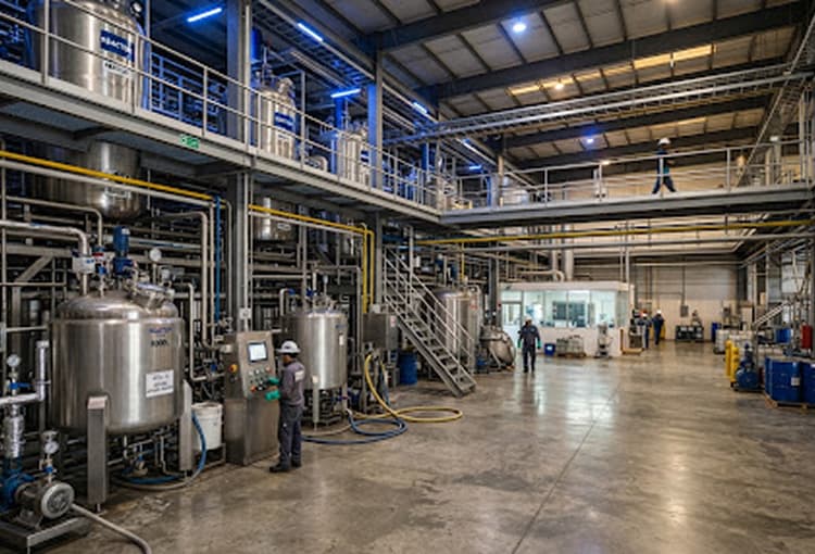 Nave de producción con reactores de acero inoxidable, tuberías y operarios con casco
